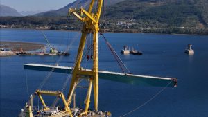 Stavba mostu přes záliv Ramfjord (září 2025). Pramen: Metrostav Norge