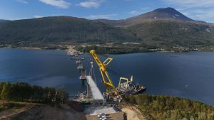 Stavba mostu přes záliv Ramfjord (září 2025). Pramen: Metrostav Norge