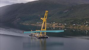 Stavba mostu přes záliv Ramfjord (září 2025). Pramen: Metrostav Norge
