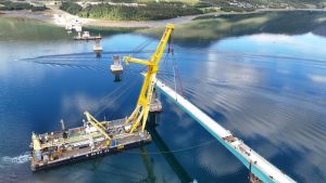Stavba mostu přes záliv Ramfjord (září 2025). Pramen: Metrostav Norge