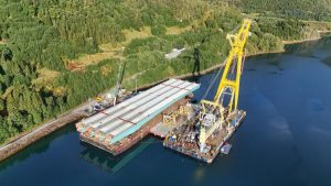 Stavba mostu přes záliv Ramfjord (září 2025). Pramen: Metrostav Norge