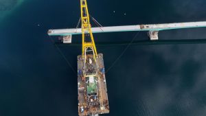 Stavba mostu přes záliv Ramfjord (září 2025). Pramen: Metrostav Norge