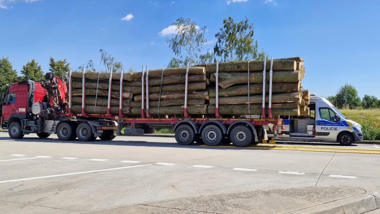 Přetížená a příliš dlouhá nákladní souprava se dřevem. Foto: PČR