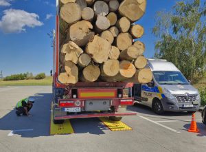 Přetížená a příliš dlouhá nákladní souprava se dřevem. Foto: PČR