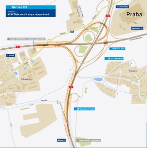 Zkapacitnění MÚK Třebonice napojující na Pražský okruh dálnici D5 a Rozvadovskou spojku. Zdroj: ŘSD