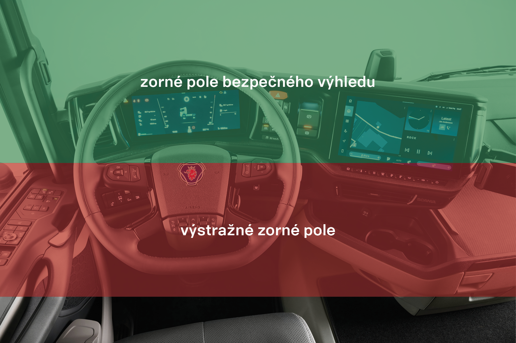 Kontrolní systém udržujuje oči řidiče v zeleném zorném poli. Zdroj: Scania