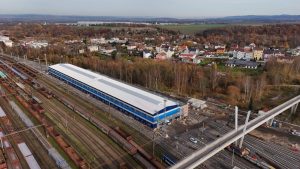 Stavba nové servisní haly ČD v Chebu (listopad 2025). Pramen: České dráhy