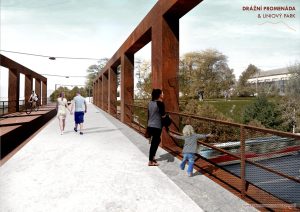 Drážní promenáda. Zdroj: studie Drážní promenáda & liniový park (Tomáš Cach + TERRA FLORIDA + Petr Tej, 2020/09)