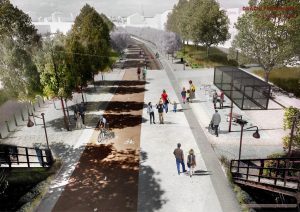 Drážní promenáda. Zdroj: studie Drážní promenáda & liniový park (Tomáš Cach + TERRA FLORIDA + Petr Tej, 2020/09)