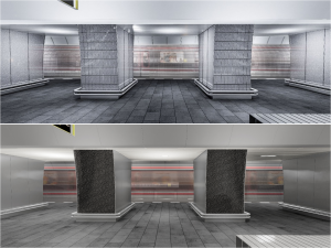 Srovnání vítězného nového designu stanice Českomoravská a realizované verze (dole). Zdroj: DPP