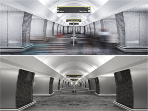 Srovnání vítězného nového designu stanice Českomoravská a realizované verze (dole). Zdroj: DPP