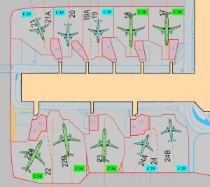 Současný způsob stání u prstu C. Pramen: Letiště Praha