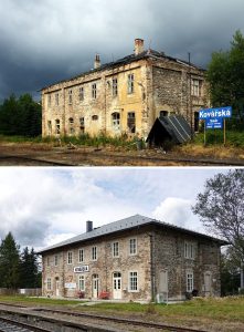 Výpravní budova před a po. Pramen: Archiv Štěpána Macháčka