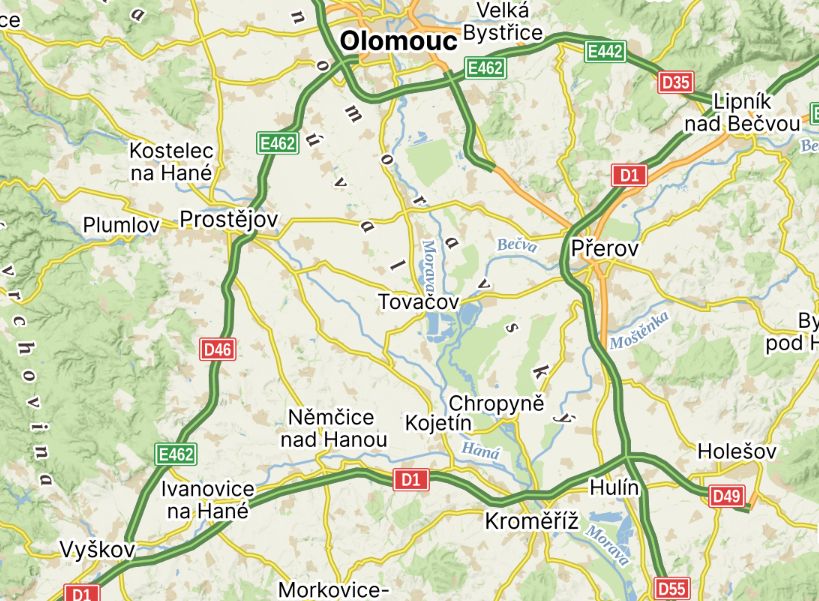 Nový "dálniční okruh" kolem Tovačova. Foto: Mapy.com