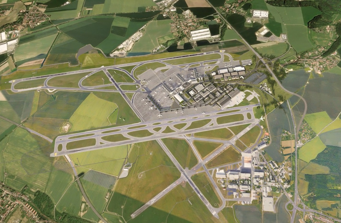 Vizualizace nového dráhového systému na pražském Letišti Václava Havla. Zdroj: Letiště Praha