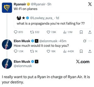 Musk a Ryanair. Zdroj: X.com