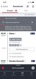 Váš vlak nejede, cesta není možná. Ranní oznámení v aplikaci DB Navigator