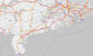 Vysokorychlostní železnice Kanton (Guangzhou) - Čan-ťiang (Zhanjiang). Foto: openrailwaymap