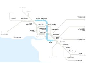 Síť metra příměstské železnice v Melbourne.