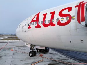 Boeing 777 Austrian Airlines v Brně. Foto: Lukáš Kubala