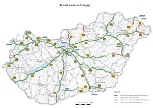 Tranzitní silniční síť v Maďarsku. 