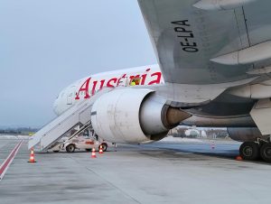 Boeing 777 Austrian Airlines v Brně. Foto: Lukáš Kubala