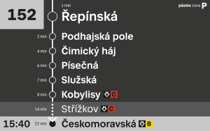 Modernizované grafické rozhraní pro vnitřní LCD obrazovky v autobusech DPP. Zdroj: Ropid