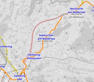 Současná trať v úseku Salczburk - Köstendorf a nová přeložka. Foto: Openrailwaymap
