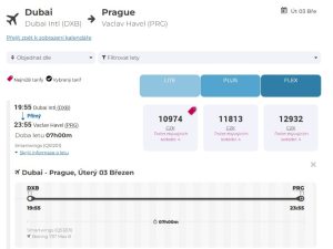 Letenka na úterní let z Dubaje do Prahy.Zdroj: Smartwings